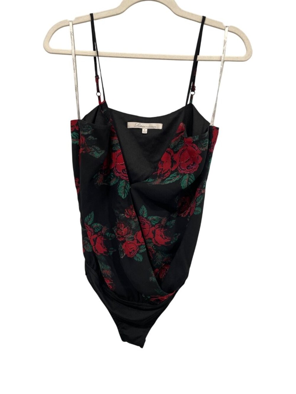 Lovers + Friends Bodysuit Small Floral Faux Wrap Sleeveless Black Red Whimsigoth
